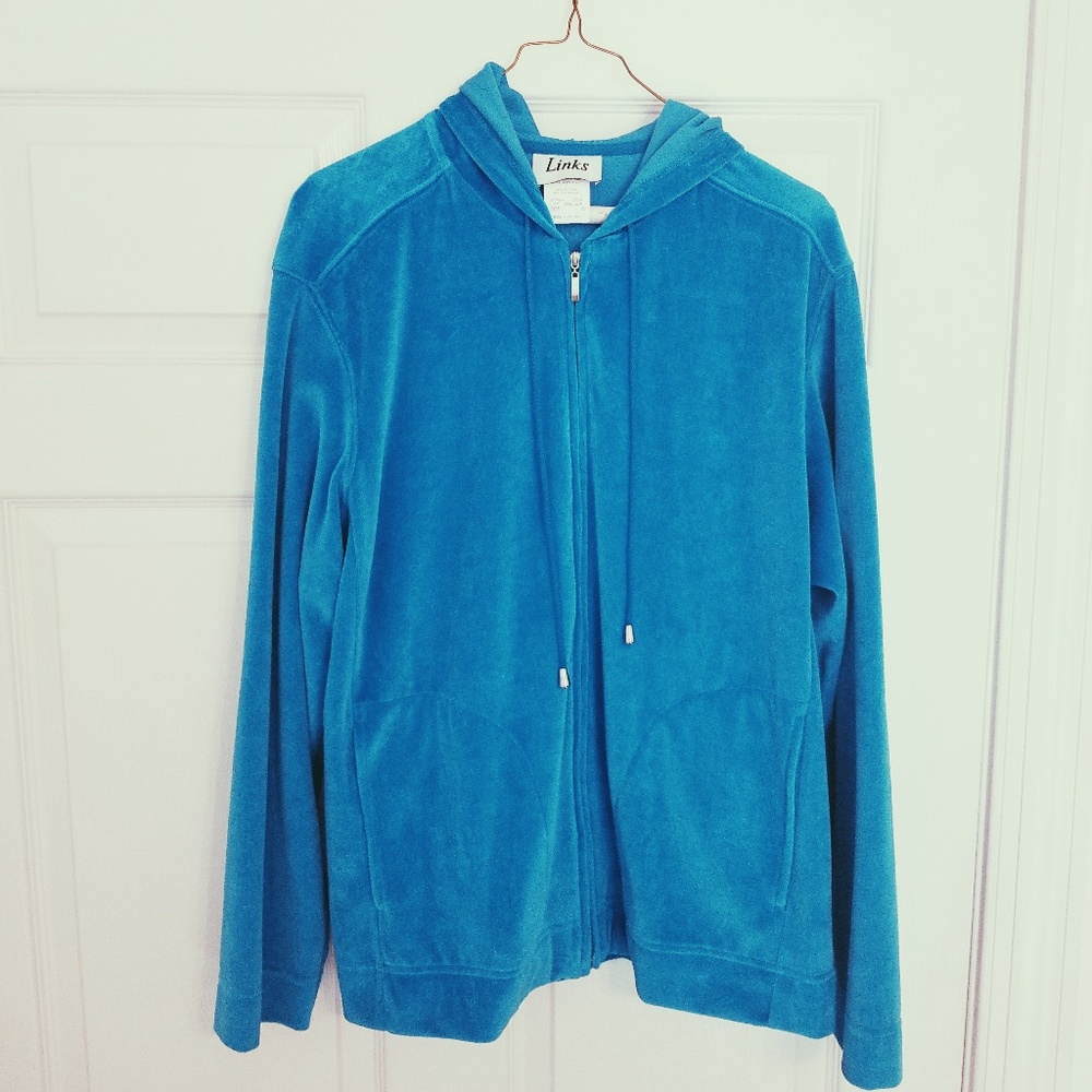 90's Retro Bright Blue Velour Zip Up Hoodie